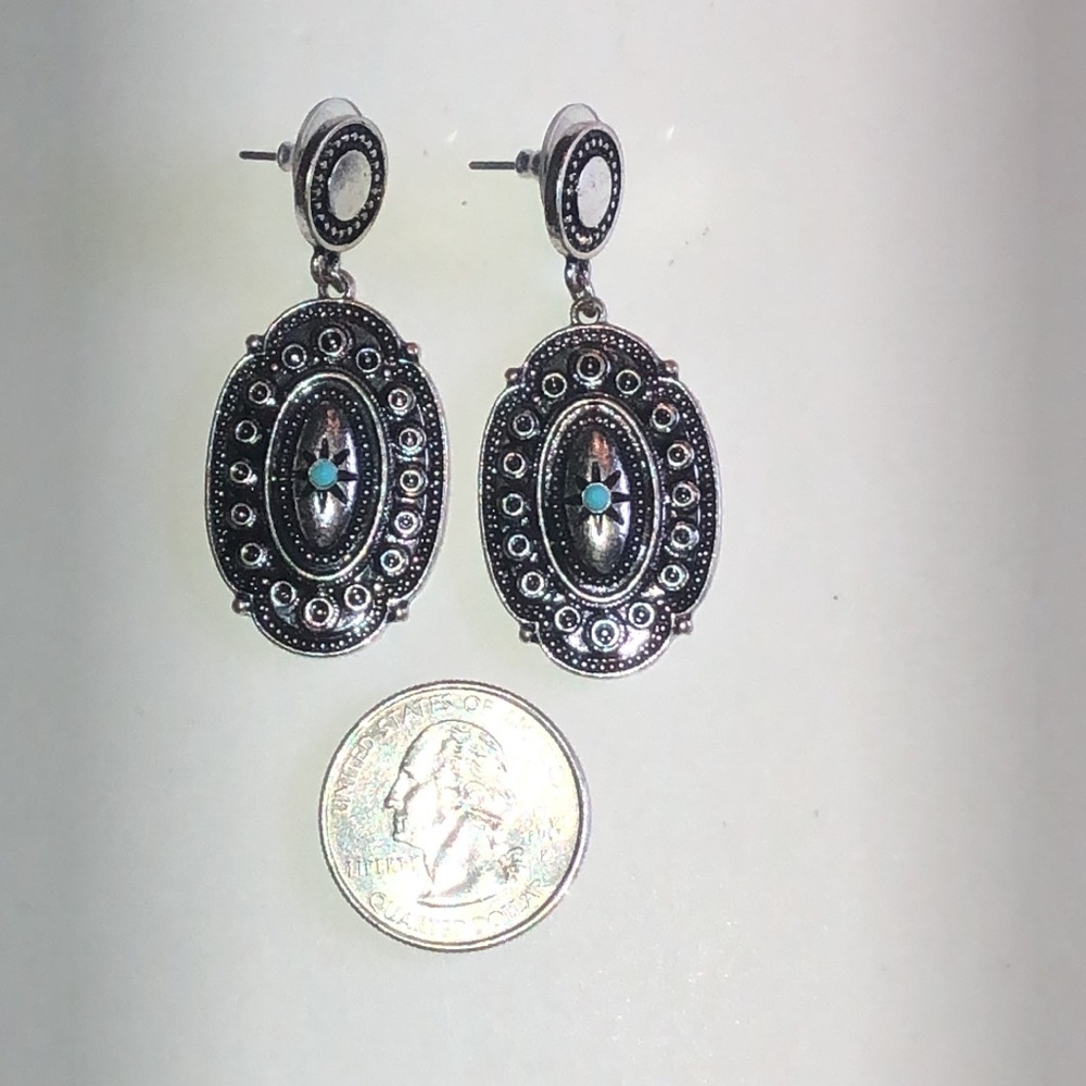 Silver Tone Oval Drop Earrings with Turquoise Color Accent - Picture 3 of 4